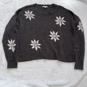 Madewell Merino Wool Sweater XL Gray Floral Daisy‎ Print Pullover Cozy Crewneck